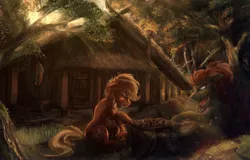 Size: 3000x1918 | Tagged: safe, artist:amura-of-jupiter, derpibooru import, oc, earth pony, amputee, anvil, birch tree, board game, challenge, crepuscular rays, cutie mark, detailed background, female, forest, frown, game, grass, house, image, jpeg, male, moss, mushroom, outdoors, painting, playing, shield, smug, stump, thatch, thinking, tree