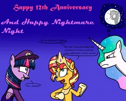 Size: 1000x800 | Tagged: safe, artist:twi clown, derpibooru import, princess celestia, sunset shimmer, twilight sparkle, twilight sparkle (alicorn), alicorn, pony, unicorn, mlp fim's twelfth anniversary, cap, celestia is not amused, female, g4, hat, image, jewelry, mare, moon, nightmare night, png, regalia, this will end in a trip to the moon, tiara, unamused, waluigi