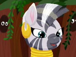 Size: 2048x1536 | Tagged: safe, artist:the crystal artist, derpibooru import, zecora, pony, zebra, cute, derpibooru exclusive, digital art, ear piercing, female, forest, happy, hole, hollow in tree, image, jewelry, lineless, looking at you, mare, neck rings, open mouth, piercing, plant, png, shading, smiling, solo, tree, vine, wingding eyes