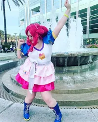 Size: 640x800 | Tagged: safe, derpibooru import, kotobukiya, pinkie pie, human, clothes, cosplay, costume, fountain, image, irl, irl human, jpeg, kotobukiya pinkie pie, photo, wondercon