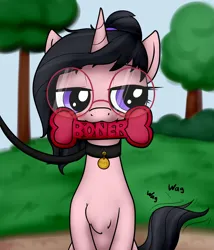 Size: 3600x4200 | Tagged: suggestive, alternate version, artist:littlenaughtypony, derpibooru import, oc, oc:mae (pinkberry), unofficial characters only, unicorn, blushing, collar, female, glasses, image, jpeg, park, pet tag, solo, solo female, toy