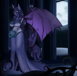 Size: 2700x2678 | Tagged: semi-grimdark, suggestive, artist:chacrawarrior, derpibooru import, oc, oc:indigo rose, unofficial characters only, anthro, bat pony, undead, unguligrade anthro, anthro oc, bat pony oc, bat wings, big breasts, birthday gift, birthday gift art, bone, breasts, clothes, commission, corpse bride, digital art, dress, fangs, female, flower, forest, full moon, gift art, huge breasts, image, milf, moon, png, rose, slit pupils, smiling, solo, solo female, spread wings, tree, wedding dress, wings