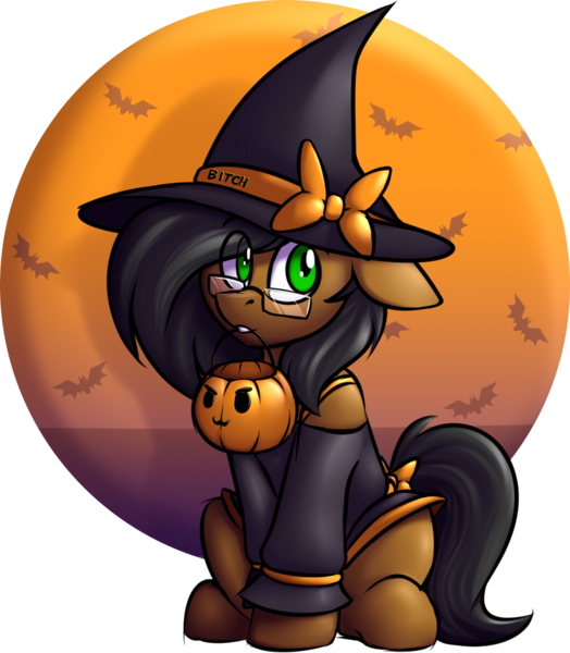 Size: 986x1128 | Tagged: safe, artist:notetaker, derpibooru import, oc, oc:notetaker, unofficial characters only, earth pony, pony, bow, hat, image, png, pumpkin bucket, solo, vulgar, witch hat