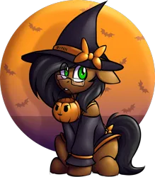 Size: 986x1128 | Tagged: safe, artist:notetaker, derpibooru import, oc, oc:notetaker, unofficial characters only, earth pony, pony, bow, hat, image, png, pumpkin bucket, solo, vulgar, witch hat