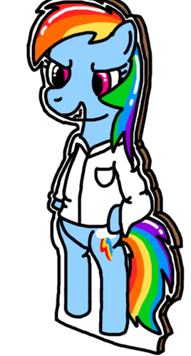 Size: 268x500 | Tagged: safe, artist:mudkip91/tetrahedron, derpibooru import, rainbow dash, pegasus, pony, semi-anthro, fanfic:rainbow factory, bipedal, cardboard cutout, clothes, digital art, evil grin, fanfic art, female, grin, image, lab coat, mare, png, rainbow factory dash, shine, smiling