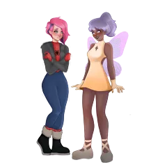 Size: 2000x2000 | Tagged: safe, artist:laianeart, derpibooru import, oc, oc:iris breeze, oc:lilac, unofficial characters only, fairy, human, blushing, boots, clothes, cold, cosplay, costume, dark skin, dress, duo, female, flats, gloves, gritted teeth, halloween, halloween costume, holiday, humanized, humanized oc, image, jacket, lesbian, looking at each other, looking at someone, marvel, oc x oc, png, shipping, shivering, shoes, simple background, spider-man, teeth, transparent background