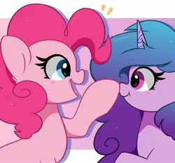 Size: 1904x1773 | Tagged: safe, artist:kittyrosie, derpibooru import, izzy moonbow, pinkie pie, earth pony, pony, unicorn, boop, female, g4, g5, image, jpeg, looking at each other, looking at someone, mare, noseboop, open mouth