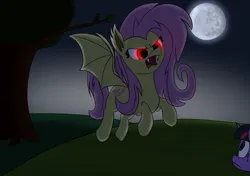 Size: 2048x1444 | Tagged: safe, derpibooru import, fluttershy, twilight sparkle, alicorn, bat pony, pegasus, pony, unicorn, mlp fim's twelfth anniversary, angry, bat ponified, dark, female, flutterbat, flying, g4, glow, glowing eyes, image, jpeg, mare, messy mane, moon, night, race swap, scared, sweat