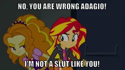 Size: 1066x600 | Tagged: suggestive, derpibooru import, edit, edited screencap, editor:twi clown, screencap, adagio dazzle, sunset shimmer, equestria girls, rainbow rocks, bedroom eyes, caption, clothes, image, image macro, jacket, png, text, vulgar