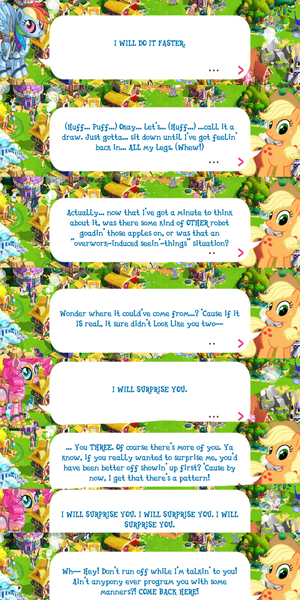 Size: 2048x4096 | Tagged: safe, derpibooru import, official, applejack, pinkie pie, rainbow dash, earth pony, pegasus, pony, robot, robot pony, applejack's hat, cowboy hat, dialogue, dream, english, event, female, game screencap, gameloft, hat, image, mare, pinkie bot, png, rainbot dash, roboticization, spread wings, text, wings
