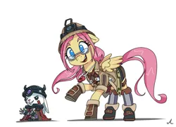 Size: 5400x3905 | Tagged: safe, artist:docwario, derpibooru import, angel bunny, fluttershy, pegasus, pony, rabbit, animal, anime, boots, clothes, cosplay, costume, crossover, cute, female, fluttober, glasses, gloves, helmet, image, made in abyss, mare, png, shirt, shoes, shorts, shyabetes, simple background, socks, solo, stockings, t-shirt, thigh highs, white background