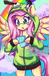 Size: 2650x4096 | Tagged: safe, artist:floralshitpost, derpibooru import, fluttershy, pegasus, pony, antonymph, bipedal, blushing, clothes, cloud, colorful, error, female, fluttgirshy, gir, glitch, heart, heart eyes, image, jacket, mare, nintendo, nintendo ds, open mouth, png, rainbow, rawr, solo, solo female, spread wings, text box, vylet pony, wingding eyes, wings, xd