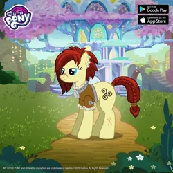 Size: 720x720 | Tagged: safe, derpibooru import, idw, steela oresdotter, earth pony, pony, braid, braided tail, clothes, female, gameloft, idw showified, image, jpeg, mare, mighty helm, scar, solo, tail, treehouse of harmony, triskelion