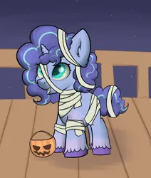Size: 2200x2600 | Tagged: safe, artist:dumbwoofer, derpibooru import, pony, unicorn, g5, clothes, costume, cute, ear fluff, female, filly, foal, g4, g5 to g4, generation leap, grin, halloween, halloween costume, holiday, image, jack-o-lantern, misty brightdawn, mistybetes, mummy, night, nightmare night, nightmare night costume, png, pumpkin, simple background, sky, smiling, solo