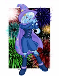 Size: 1000x1300 | Tagged: safe, artist:texasuberalles, derpibooru import, trixie, equestria girls, boots, cape, clothes, corset, female, fireworks, hat, image, jpeg, looking at you, shoes, skirt, smiling, solo, tricks up my sleeve