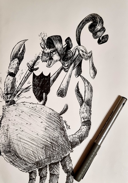 Size: 2074x2959 | Tagged: safe, artist:cahandariella, derpibooru import, rarity, crab, giant crab, unicorn, fight, image, ink drawing, inktober, jpeg, rarity fighting a giant crab, shield, solo, sword, traditional art, weapon