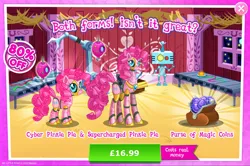 Size: 1960x1300 | Tagged: safe, derpibooru import, official, pinkie pie, earth pony, pony, robot, robot pony, advertisement, antennae, camera, costs real money, duality, english, female, gameloft, gem, height difference, image, jpeg, magic coins, mare, numbers, pinkie bot, roboticization, sale, solo, solo focus, text