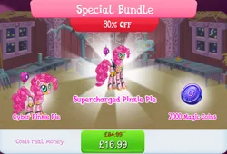 Size: 1263x860 | Tagged: safe, derpibooru import, official, pinkie pie, earth pony, pony, robot, robot pony, antennae, bundle, camera, costs real money, duality, english, female, gameloft, gem, height difference, image, jpeg, magic coins, mare, numbers, pinkie bot, roboticization, sale, solo, solo focus, text
