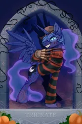 Size: 680x1024 | Tagged: semi-grimdark, artist:cotton_buds, artist:trickate, derpibooru import, princess luna, alicorn, pony, blood, clothes, crossover, female, freddy krueger, grin, hat, image, jpeg, looking at you, mare, pumpkin, scar, sharp teeth, smiling, solo, sweater, teeth, weapon