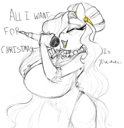 Size: 1168x1200 | Tagged: suggestive, artist:whydomenhavenipples, oc, oc:beauty mark, unofficial characters only, earth pony, all i want for christmas is you, big breasts, breasts, christmas, ear piercing, earring, eyes closed, female, hair over one eye, holiday, huge breasts, image, jewelry, jpeg, lipstick, microphone, milf, partial color, piercing, simple background, singing, solo, solo female, traditional art, white background