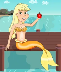 Size: 1426x1688 | Tagged: safe, artist:ocean lover, derpibooru import, applejack, human, mermaid, apple, bare shoulders, beach, beautiful, belly button, blonde, blonde hair, bra, breasts, cleavage, clothes, cloud, curvy, disney style, fins, fish tail, food, freckles, fruit, green eyes, hand, hill, hourglass figure, human coloration, humanized, image, land, lips, looking at you, mermaid tail, mermaidized, midriff, ocean, orange tail, outdoors, pier, png, sand, seashell bra, sitting, sky, smiling, smiling at you, species swap, tail, tail fin, teeth, tree, underwear, water, wave, wet, wet tail, wood, wooden floor