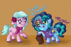Size: 3821x2505 | Tagged: safe, artist:background basset, derpibooru import, opaline, earth pony, pony, mlp fim's twelfth anniversary, g5, my little pony: make your mark, spoiler:g5, spoiler:my little pony: make your mark, bag, clothes, costume, dahlia, dialogue, duo, floppy ears, halloween, holiday, image, misty brightdawn, nightmare night costume, open mouth, png, simple background, text, trick or treat