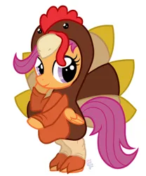 Size: 815x981 | Tagged: safe, artist:ponykittenboi, derpibooru import, scootaloo, pegasus, pony, cute, cutealoo, image, jpeg, scootachicken, simple background, smiling, solo, standing on two hooves, turkey costume, white background