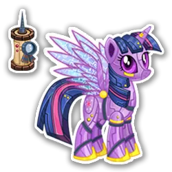 Size: 270x270 | Tagged: safe, derpibooru import, official, twilight sparkle, twilight sparkle (alicorn), alicorn, pony, robot, robot pony, elegant, female, gameloft, image, mare, mobile game, png, roboticization, simple background, solo, spread wings, text, transparent background, twibot, wings