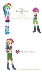 Size: 744x1264 | Tagged: safe, artist:prettycelestia, derpibooru import, rainbow dash, scootaloo, equestria girls, boots, clothes, denim, fusion, high heel boots, image, jacket, jeans, jewelry, multicolored hair, pants, png, purple eyes, rainbow hair, ring, shoes, simple background, white background