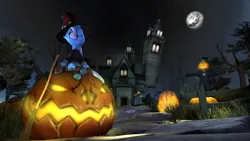 Size: 3840x2160 | Tagged: safe, artist:egr1n, derpibooru import, trixie, pony, unicorn, 3d, blue mane, broom, clothes, fence, grass, halloween, hat, holiday, horn, house, image, jack-o-lantern, light, moon, night, night sky, nightmare night, path, png, pumpkin, purple eyes, scarecrow, sky, solo, source filmmaker, stars, suit, tree