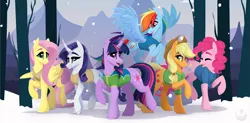 Size: 3403x1668 | Tagged: safe, alternate version, artist:alrumoon_art, derpibooru import, applejack, fluttershy, pinkie pie, rainbow dash, rarity, twilight sparkle, earth pony, pegasus, pony, unicorn, winter wrap up, female, image, mane six, mare, png, snow, snowfall, winter, winter wrap up vest