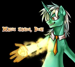 Size: 1024x916 | Tagged: safe, artist:not-ordinary-pony, derpibooru import, lyra heartstrings, pony, unicorn, black background, crossover, derpibooru exclusive, female, hand, image, magic, magic hands, mare, metal gear, metal gear rising, png, senator armstrong, simple background, smiling, solo, text