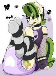 Size: 2790x3768 | Tagged: suggestive, artist:czu, derpibooru import, pistachio, oc, unofficial characters only, earth pony, pony, clothes, diaper, diaper fetish, emo, eye clipping through hair, fetish, halloween, holiday, image, jpeg, male, open mouth, poofy diaper, socks, solo, solo male, stallion, striped socks, thigh highs, underhoof