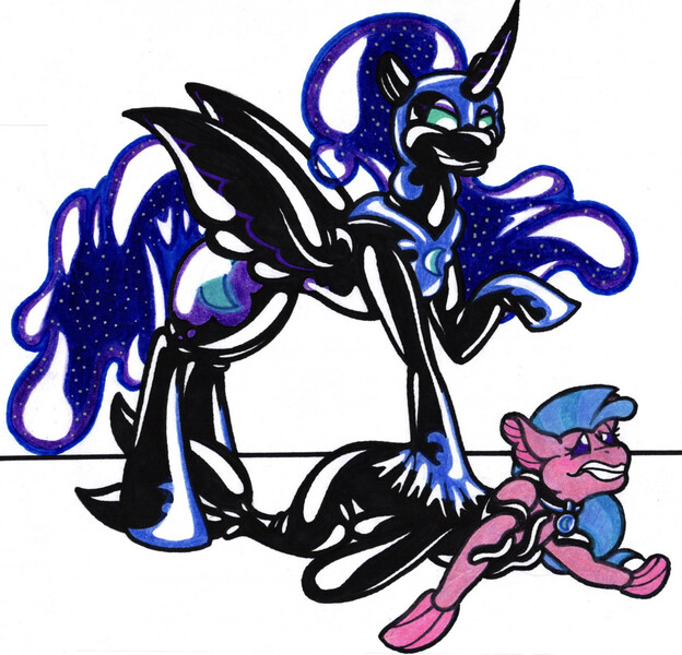 Size: 1280x1230 | Tagged: questionable, artist:kieliindustries, nightmare moon, silverstream, alicorn, original species, pony, rubber pony, seapony (g4), bondage, encasement, female, fetish, image, jpeg, latex skin, liquid latex, mare, rubber, simple background, white background