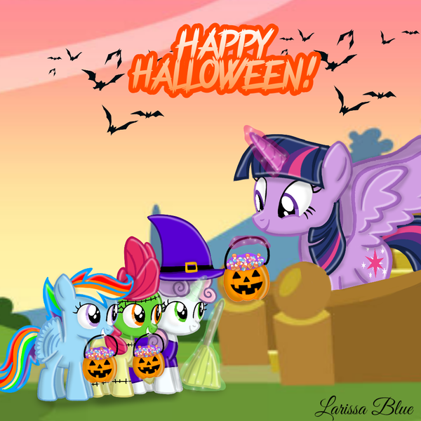 Size: 1000x1000 | Tagged: safe, artist:mlplary6, derpibooru import, apple bloom, scootaloo, sweetie belle, twilight sparkle, twilight sparkle (alicorn), alicorn, earth pony, pegasus, pony, unicorn, cutie mark crusaders, female, filly, foal, halloween, holiday, image, mare, png, pumpkin, smiling
