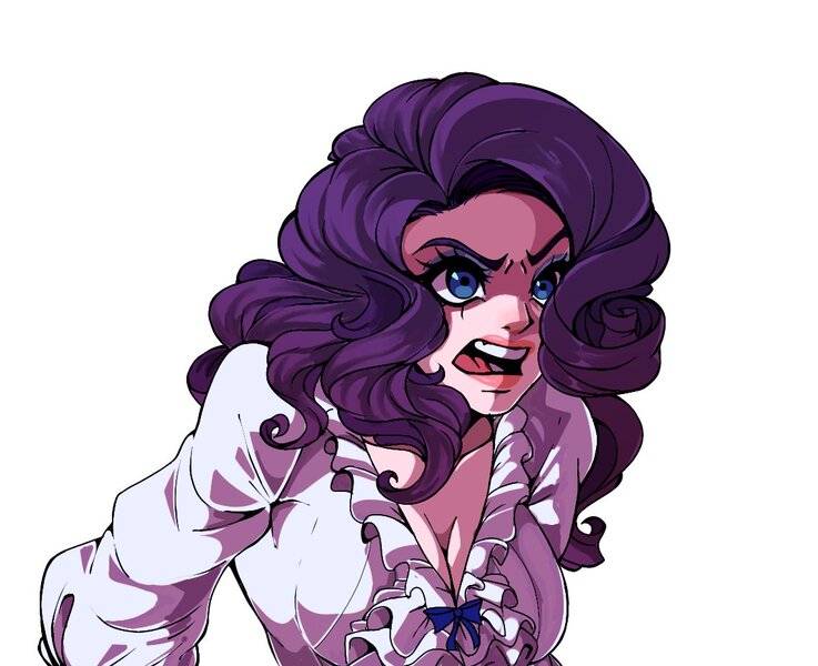 Size: 1132x921 | Tagged: safe, artist:lazy-ale, derpibooru import, rarity, human, angry, breasts, busty rarity, cleavage, eyeshadow, female, frilly, humanized, image, jpeg, lipstick, makeup, open mouth, simple background, solo, white background