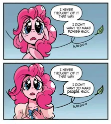 Size: 1061x1192 | Tagged: safe, artist:brendahickey, artist:lazy-ale, derpibooru import, idw, pinkie pie, human, spoiler:comic, spoiler:comic63, female, floppy ears, humanized, image, jpeg, leaf, lipstick, nail polish, sad, scene interpretation, solo, starry eyes, wind, wingding eyes