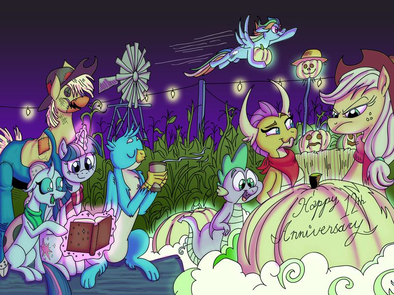 Size: 1024x768 | Tagged: safe, alternate version, artist:princebluemoon3, color edit, derpibooru import, edit, applejack, gallus, ocellus, rainbow dash, smolder, spike, twilight sparkle, alicorn, changeling, dragon, earth pony, gryphon, pegasus, pony, mlp fim's twelfth anniversary, applejack is not amused, autumn, blowing, book, chocolate, clothes, colored, corn, dragoness, female, food, glow, hay bale, hot chocolate, image, mare, night, png, pumpkin, scarecrow, scarf, unamused, windmill