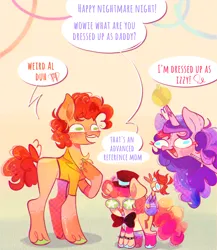 Size: 2042x2348 | Tagged: safe, artist:sockiepuppetry, derpibooru import, boneless, cheese sandwich, izzy moonbow, li'l cheese, pinkie pie, earth pony, pony, unicorn, g5, the last problem, ball, bowtie, cheesepie, clothes, colt, cosplay, costume, crossover, female, five nights at freddy's, five nights at freddy's: security breach, foal, freddy fazbear, gregory, hat, image, izzy's tennis ball, male, mare, markings, png, shipping, stallion, straight, tennis ball, top hat, unshorn fetlocks, voice actor joke, weird al yankovic