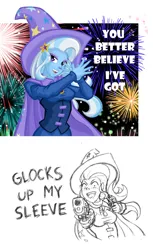 Size: 720x1175 | Tagged: safe, artist:texasuberalles, derpibooru import, trixie, equestria girls, 2 panel comic, cape, clothes, comic, corset, fangs, female, fireworks, glock, gun, handgun, hat, image, jpeg, looking at you, pencil drawing, pistol, shoes, skirt, smiling, solo, traditional art, tricks up my sleeve, weapon