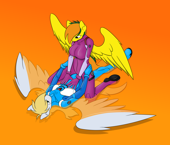 Size: 3300x2800 | Tagged: questionable, artist:in3ds2, derpibooru import, oc, oc:cutting chipset, oc:dual screen, anthro, pegasus, female, gradient background, image, latex, latex suit, liquid, looking at each other, looking at someone, male, neon genesis evangelion, oc x oc, plugsuit, png, shipping, simple background, spread wings, submerged, wings