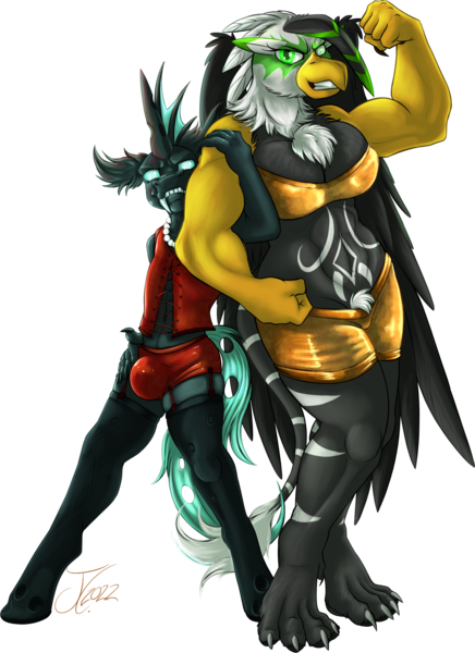Size: 1840x2531 | Tagged: suggestive, artist:jamescorck, derpibooru import, oc, oc:chelicera, oc:galena, unofficial characters only, anthro, changeling, gryphon, breasts, clothes, crotch bulge, female, image, png, pubic fluff, shorts, simple background, transparent background