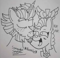 Size: 1419x1386 | Tagged: safe, artist:spoopygirl, derpibooru import, alphabittle (g5), queen haven, pegasus, pony, unicorn, g5, alphahaven, art trade, female, image, jpeg, lineart, male, mare, shipping, stallion, straight, traditional art