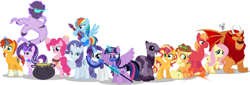 Size: 12172x4133 | Tagged: safe, artist:stellardusk, derpibooru import, applejack, big macintosh, double diamond, fluttershy, pinkie pie, rainbow dash, rarity, starlight glimmer, sunburst, sunset shimmer, twilight sparkle, twilight sparkle (alicorn), alicorn, earth pony, ghost, manticore, parasprite, pegasus, pony, undead, unicorn, abomination, cape, cauldron, clothes, crossover, earth pony magic, female, group, guitar, hat, illusion, image, magic, male, mane six, mare, musical instrument, png, potion, simple background, staff, stomping, telekinesis, the owl house, transparent background