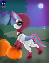 Size: 5075x6480 | Tagged: safe, artist:damlanil, derpibooru import, zipp storm, pegasus, pony, mlp fim's twelfth anniversary, city, clothes, costume, female, g5, halloween, holiday, hood, image, looking at you, mare, moon, night, nightmare night, nightmare night costume, png, pumpkin, solo, stars, tree, vector, wings