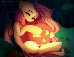 Size: 1500x1158 | Tagged: safe, artist:shavurrr, derpibooru import, fluttershy, bat, bat pony, pony, apple, bat ponified, cute, eyes closed, female, flutterbat, food, halloween, holiday, image, jack-o-lantern, jpeg, mare, night, pumpkin, race swap, smiling, solo