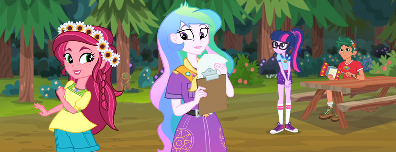 Size: 2814x1080 | Tagged: safe, composite screencap, derpibooru import, edit, edited screencap, screencap, gloriosa daisy, princess celestia, sci-twi, timber spruce, twilight sparkle, equestria girls, legend of everfree, camp everfree outfits, clipboard, clothes, flower, flower in hair, geode of fauna, geode of shielding, geode of sugar bombs, geode of super speed, geode of super strength, glasses, image, magical geodes, outdoors, png, ponytail, principal celestia, scout uniform, shirt, shorts, tree
