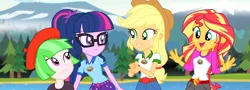 Size: 3009x1080 | Tagged: safe, composite screencap, derpibooru import, edit, edited screencap, screencap, applejack, sci-twi, sunset shimmer, twilight sparkle, watermelody, equestria girls, legend of everfree, beret, camp everfree outfits, clothes, glasses, hat, image, outdoors, png, ponytail, shirt, shorts, tree