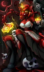 Size: 3100x5000 | Tagged: suggestive, artist:rico_chan, derpibooru import, oc, anthro, undead, unicorn, vampire, blood, blood moon, castle, clothes, costume, dress, gloves, glow, glowing horn, halloween, halloween costume, holiday, horn, image, magic, magic aura, moon, piercing, png, potion, skull, skyrim, socks, solo, stockings, the elder scrolls, thigh highs, throne