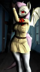 Size: 2160x3840 | Tagged: safe, artist:nologo, derpibooru import, fluttershy, anthro, bat pony, undead, vampire, 3d, angry, anti-tank rifle, armband, bat ponified, clothes, cosplay, costume, crossover, fangs, female, flutterbat, gun, hallway, hellsing, hellsing ultimate, image, indoors, looking at you, night, png, race swap, rifle, seras victoria, skirt, slit pupils, socks, solo, solo female, source filmmaker, standing, weapon